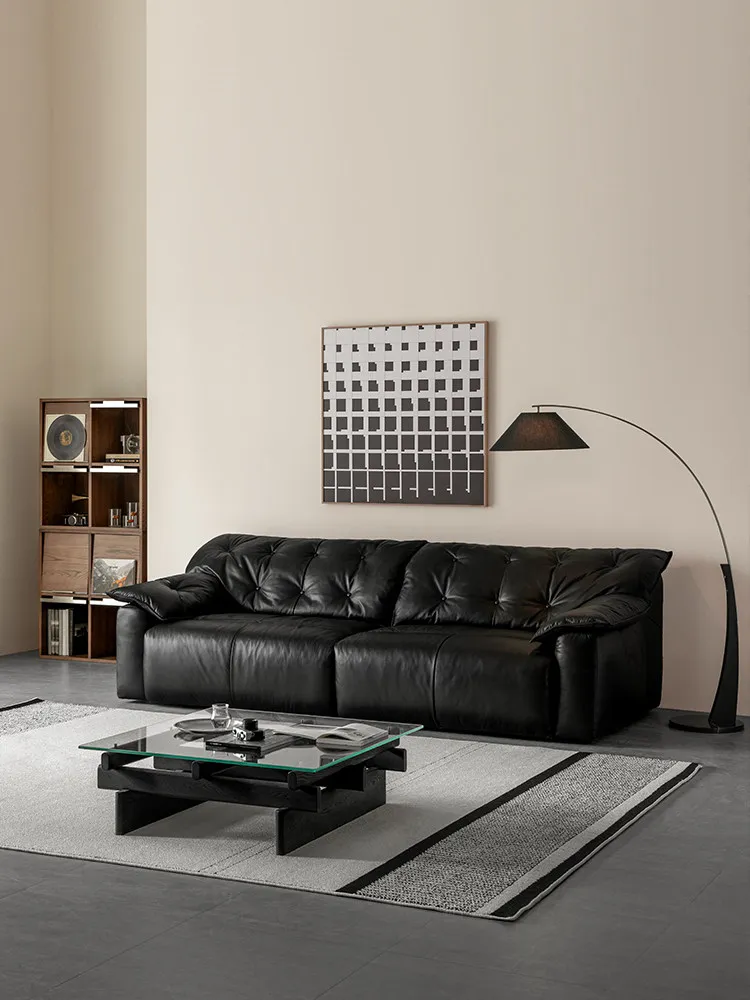 LH black leather simple living room Italian three-person straight row oil wax leather sofa