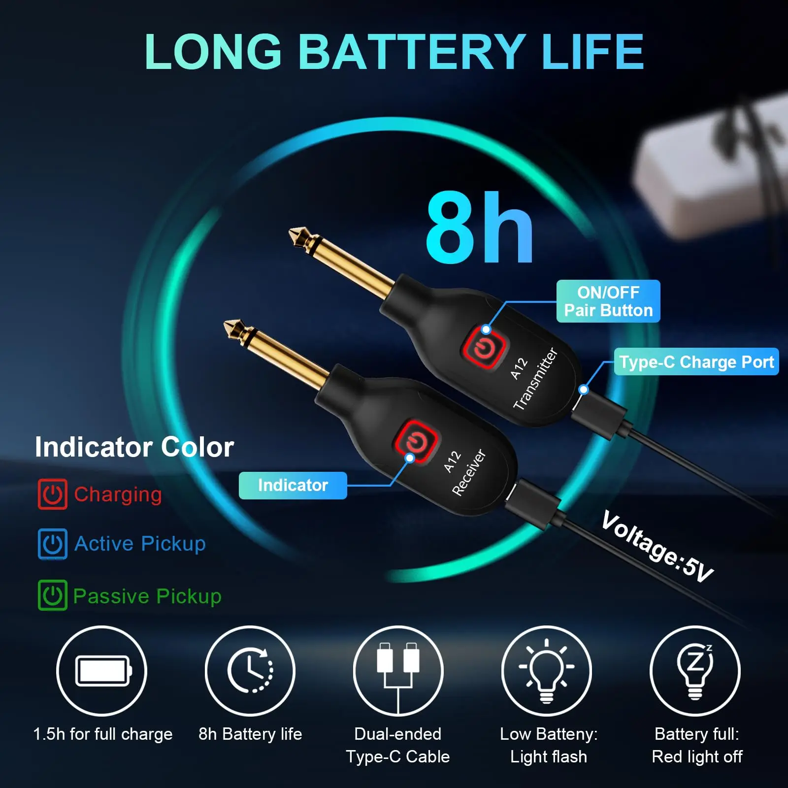 Wireless Guitar Transmitter Receiver for Bass, Violin, Keyboard, Wireless Guitar System 2.4GHz with 2 Modes, Rechargeable Li-Bat