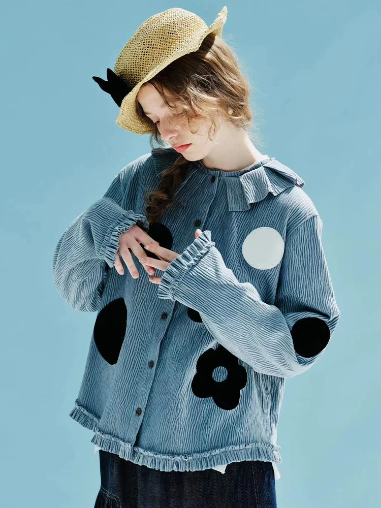 Spring 2023 imakokoni Original Pullover Printed Polka Dot Thick velvet pressed ruffle collar Shirt Long sleeve blue shirt 234014