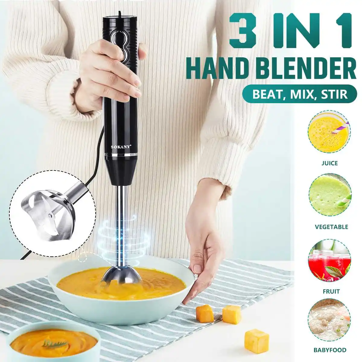 3-in-1 Immersion Hand Stick Blender 300W 2 Speeds Electric Food Vegetable Grinder Hand-held Cooking Complementary Food Machine