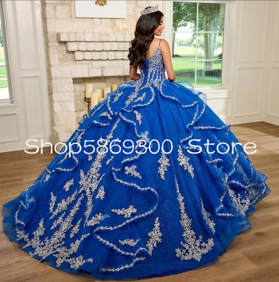 Royal Blue Princess Long Sleeve Quinceanera Dresses Puffy Skirt Ruffles Applique Corset Customized