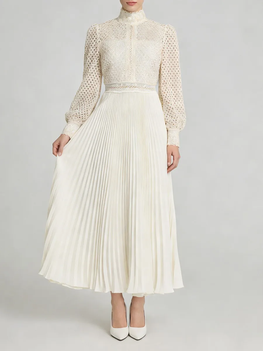 TWOTWINSTYLE Solid Hollow Out Spliced Embroidery Elegant Dresses for Women High Neck Long Sleeves Tunic Casual Dress Female New
