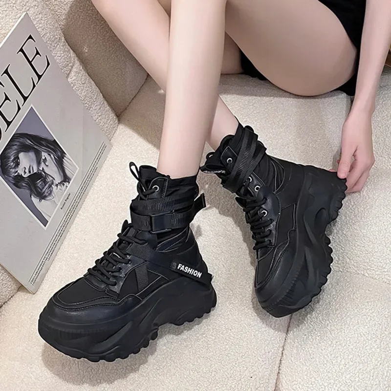 Fashion Women Chunky Platform Motorcycle Boots White Lace Up Thick Bottom Shoes Woman Autumn Winter Ankle 2023