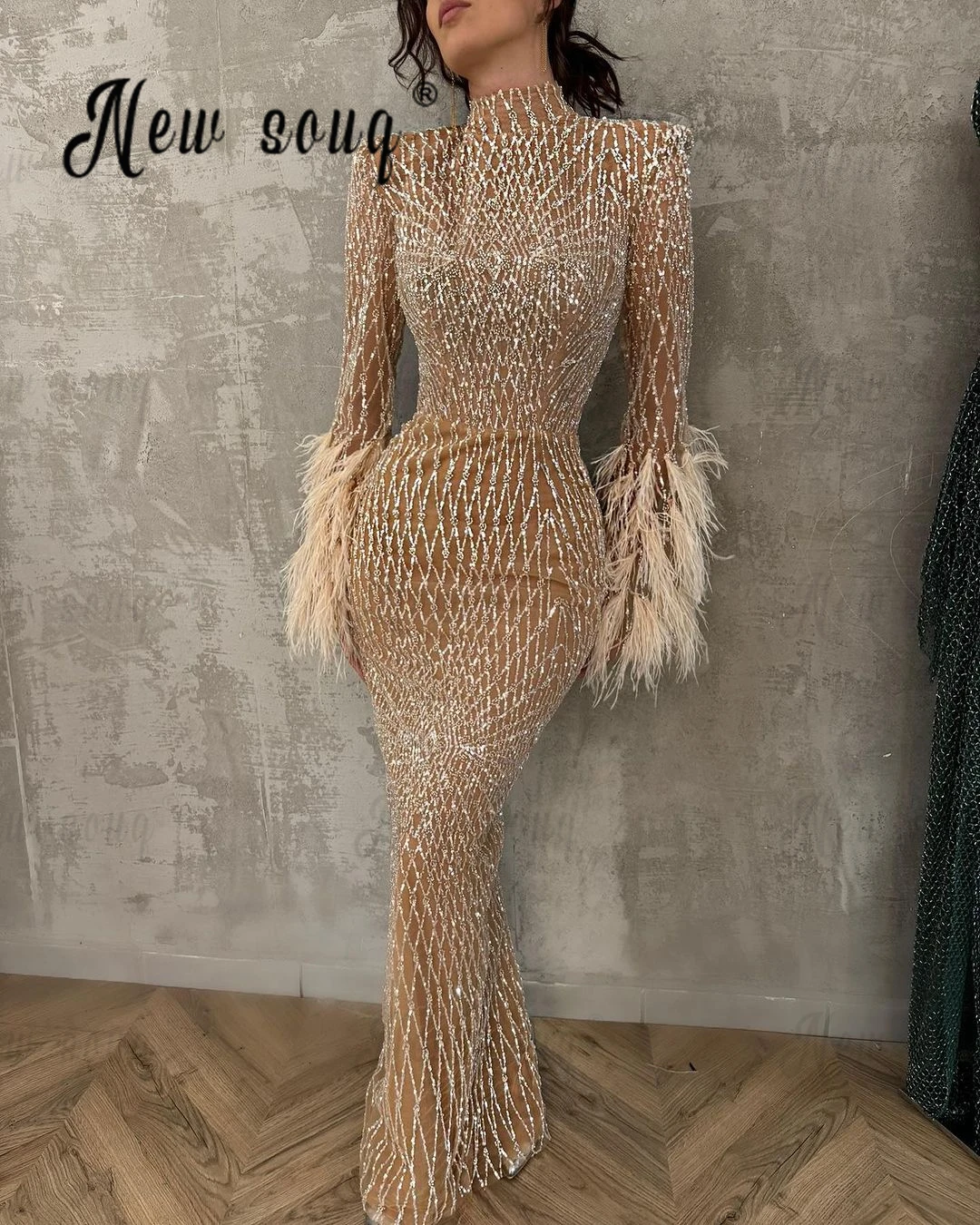 Muslim Trumpet Feathers Sleeve Evening Dress Luxury Beaded Wedding Formal Wear Dress For Party 2024 Celebrity Gown Plus Size