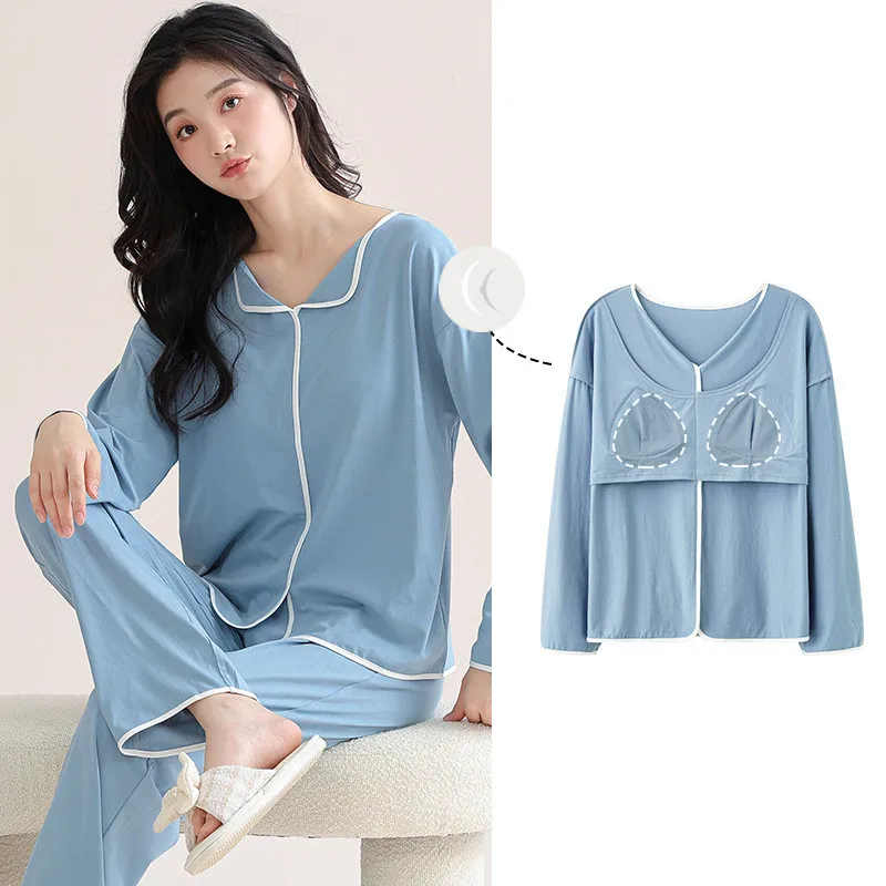 

Pajamas Set Women Autumn Winter Modal Chest Pads Pijama Feminino Long Sleeves Home Suit Comfortable Ladies Sleepwear Clothes