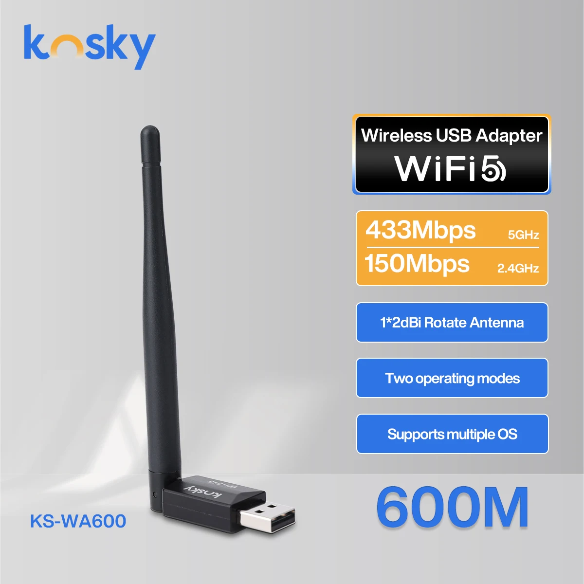 

Kosky KS-WA600 | Wireless USB Wifi Adapter Daul-band 600Mbps 2.4GHz&5.8GHz USB2.0 Boost Your Internet Speed with 600Mbps