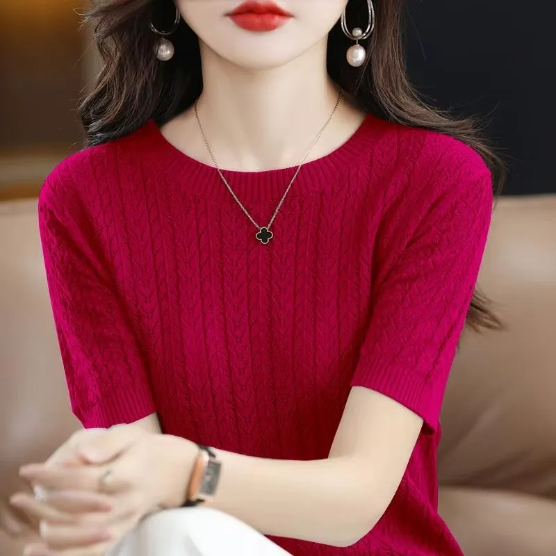 Women Top Solid Color Thin Summer Loose Ice Silk Short Sleeve Female Tee O Neck Thin Light Weight Korean Fashion Casual Sweater
