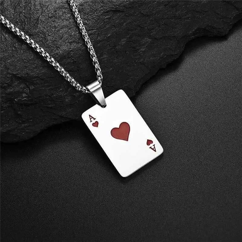 1Piece Set Hip Hop Statement Stainless Steel Poker Card Ace of Spades Necklace For Women Men Pendant Chain Playing Cards Jewelry