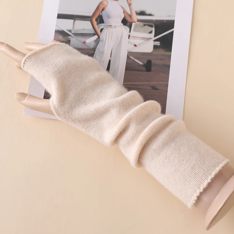 Solid Long 100%Wool‑Knit Arm Sleeves Elastic Slouchy Open‑Tip Fingerless Covers Women Fall‑Winter Office Cold‑Proof  Arm Warmers