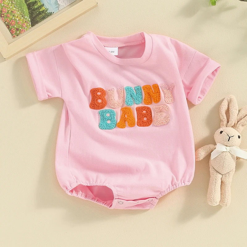 Molgkyo Newborn Baby Girl Boy Easter Outfit Short Sleeve Letter Print Oversized Romper Infant Bunny Bodysuit Summer Clothes