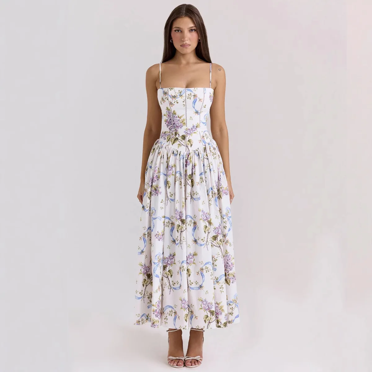 

NONSAR Elegant Summer Dresses Women Floral Print Backless Sleeveless High Waist Pleated A-line Party Vestidos Chic Lady Outfit