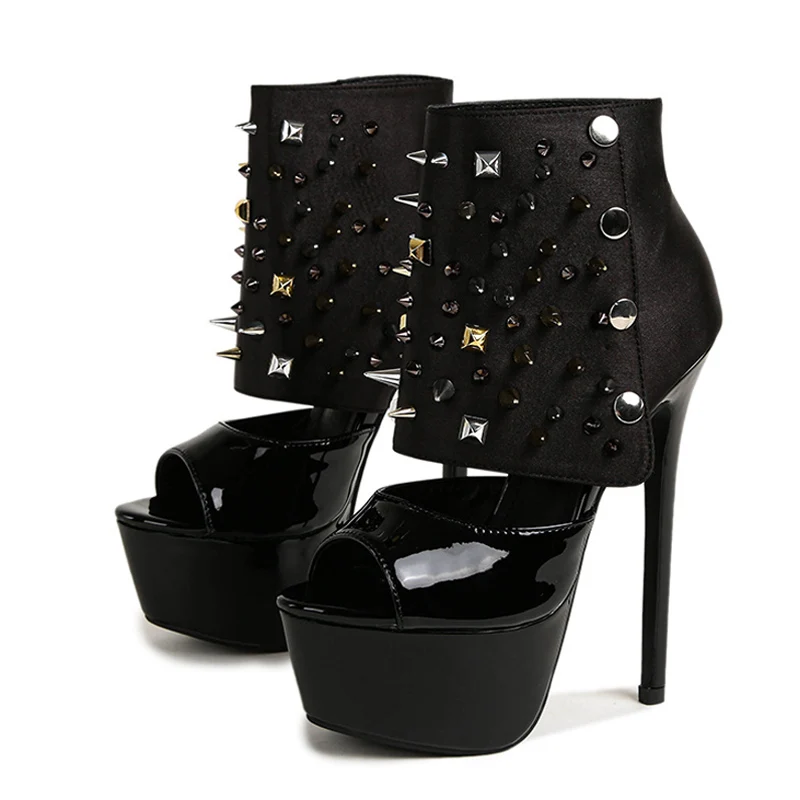 Liyke Sexy Peep Toe Platform Boots For Women Fashion Snap Button Metal Rivet Design Extreme High Heels Runway Shoe Zapatos Mujer
