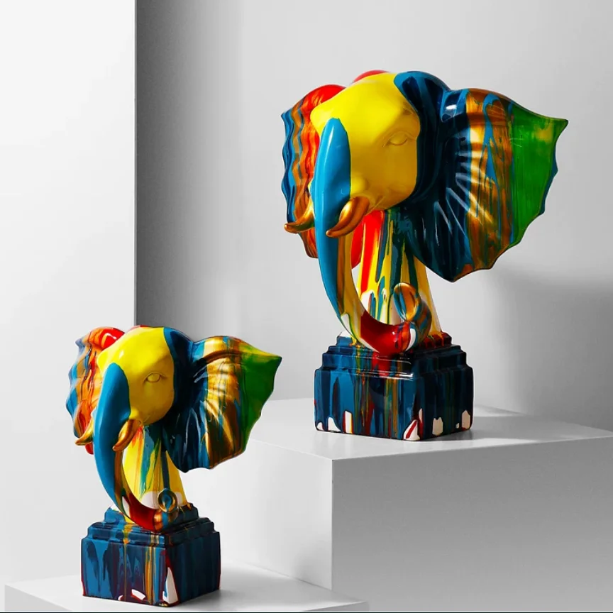 Water Transfer Printing Elephant Sculpture, Resin Animal Craft Ornament for Bedroom, Living Room, Study, and Office Decor