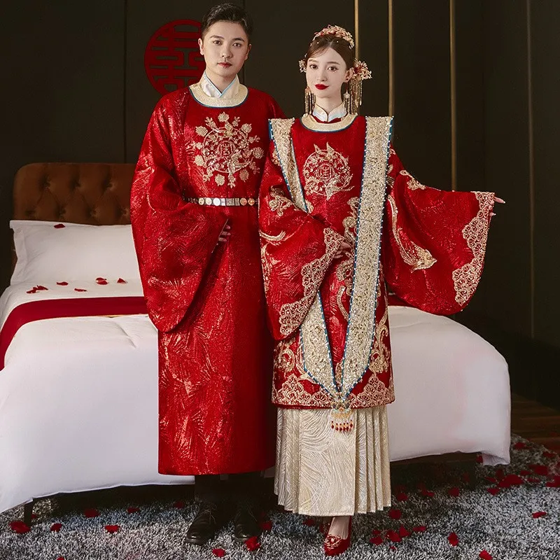 Zestaw dla par: korona feniksa w stylu Hanzhong i czerwona suknia ślubna