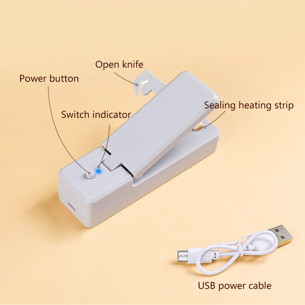 USB Mini Bag Sealer 2-in-1 Chargable Heat Sealers Rechargeable Handheld Vacuum Heat Sealers Cutter for Plastic Bag Storage Food