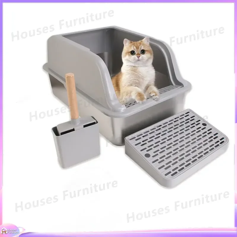 Large Stainless Steel Cat Litter Box with High Fence Non Stick Bottom Easy to Clean Self Cleaning Automatic Odor Control