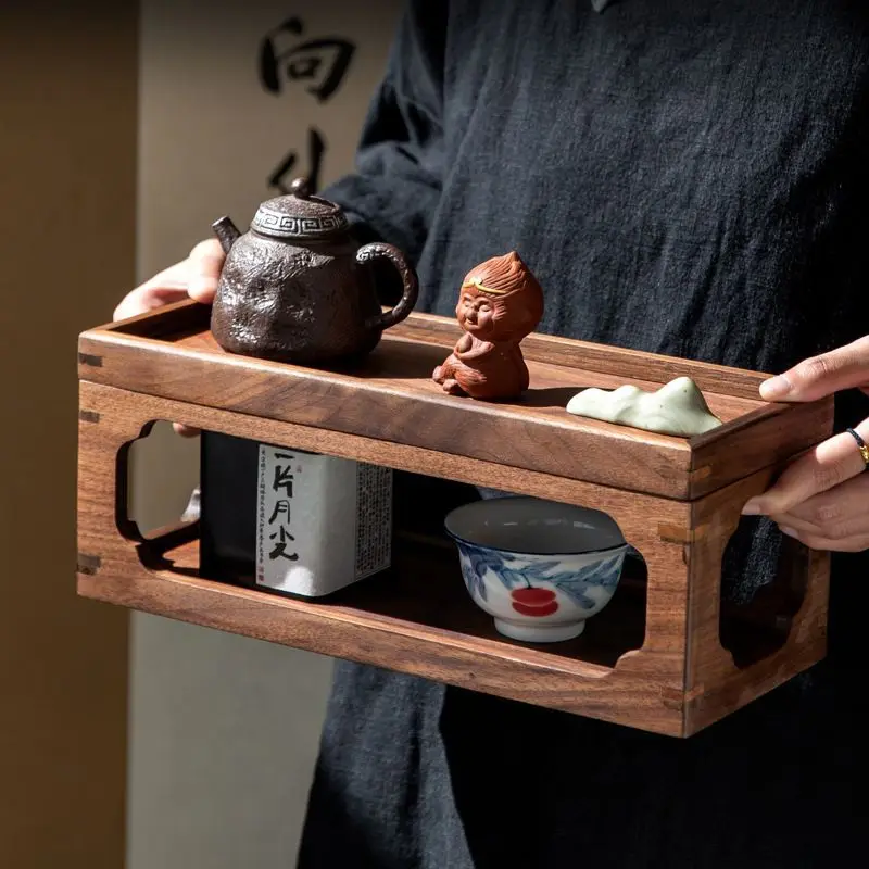 Chinese black walnut tea set, teacup storage box, study four treasures, inkstone hollow shelf, tea table wooden dry bubble plate