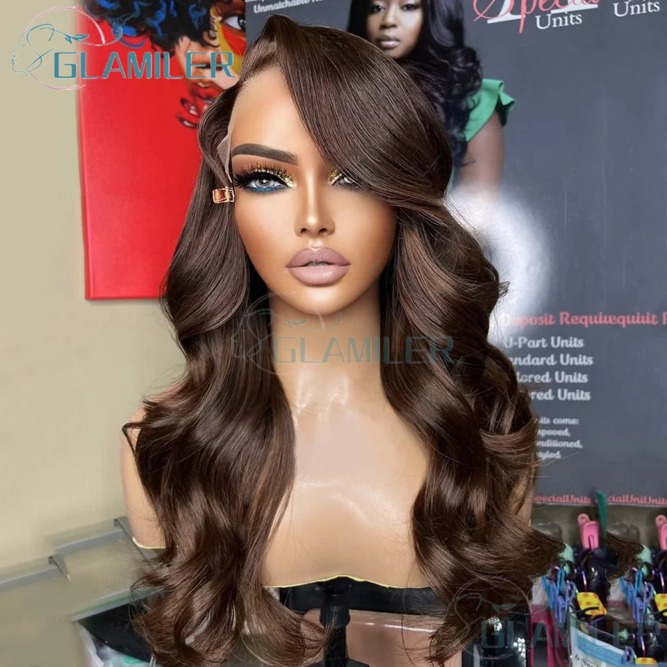 Dark Brown Side Part 5x5 Silk Top Wigs Pre Plucked Brazilian Remy Human Hair For Women 13x4 Silk Top Lace Front Wig 180% Density