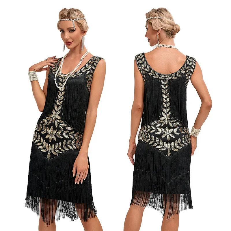 

Women 1920S Flapper Vintage Gatsby Cocktail Ball Dress Dance Dress Round Neck Sequin Beaded Tassel Tank Top Large Dress