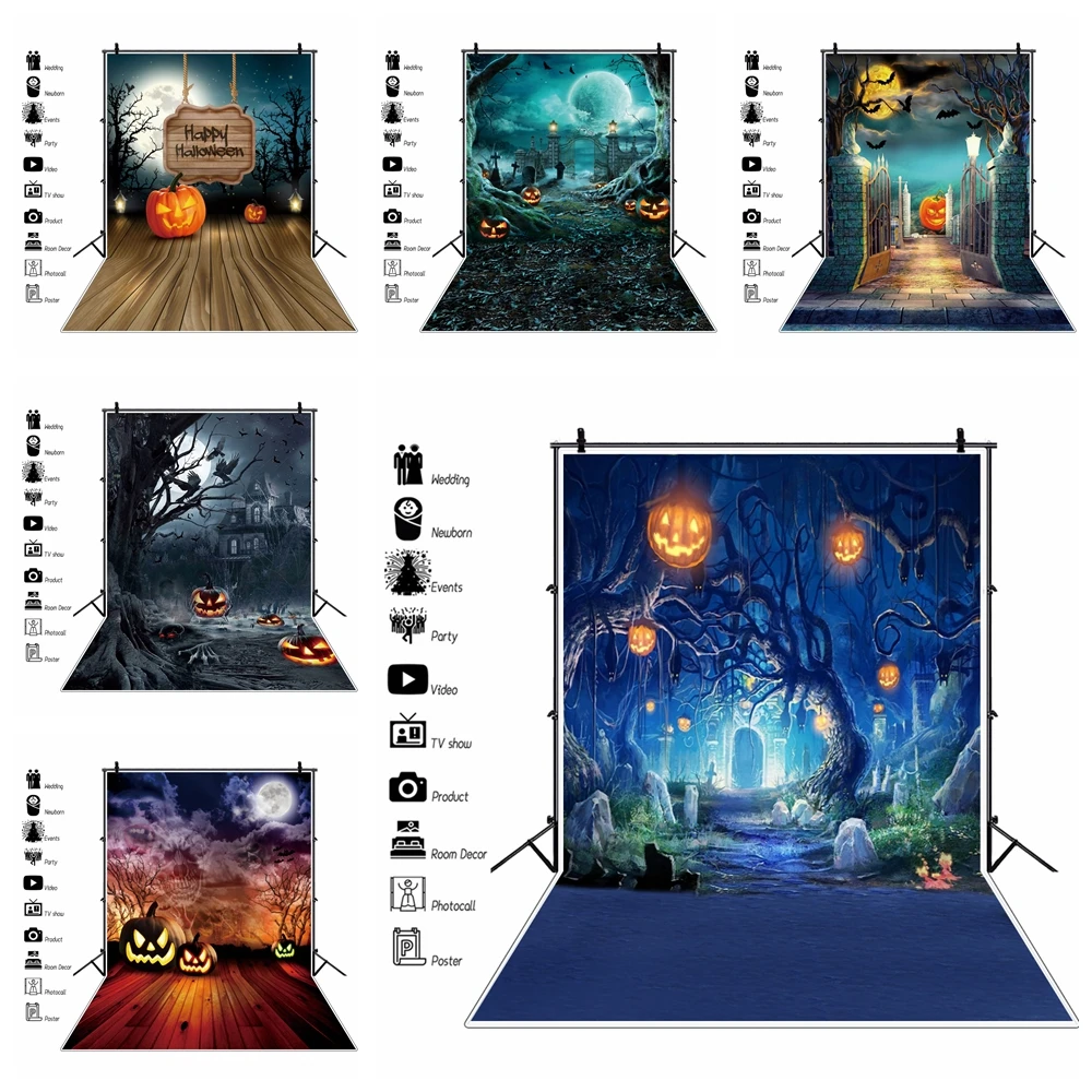 

Halloween Horror Night Moon Background Pumpkin Lantern Castle Forest Tomb Tombstone Baby Portrait Photography Backdrops Photo