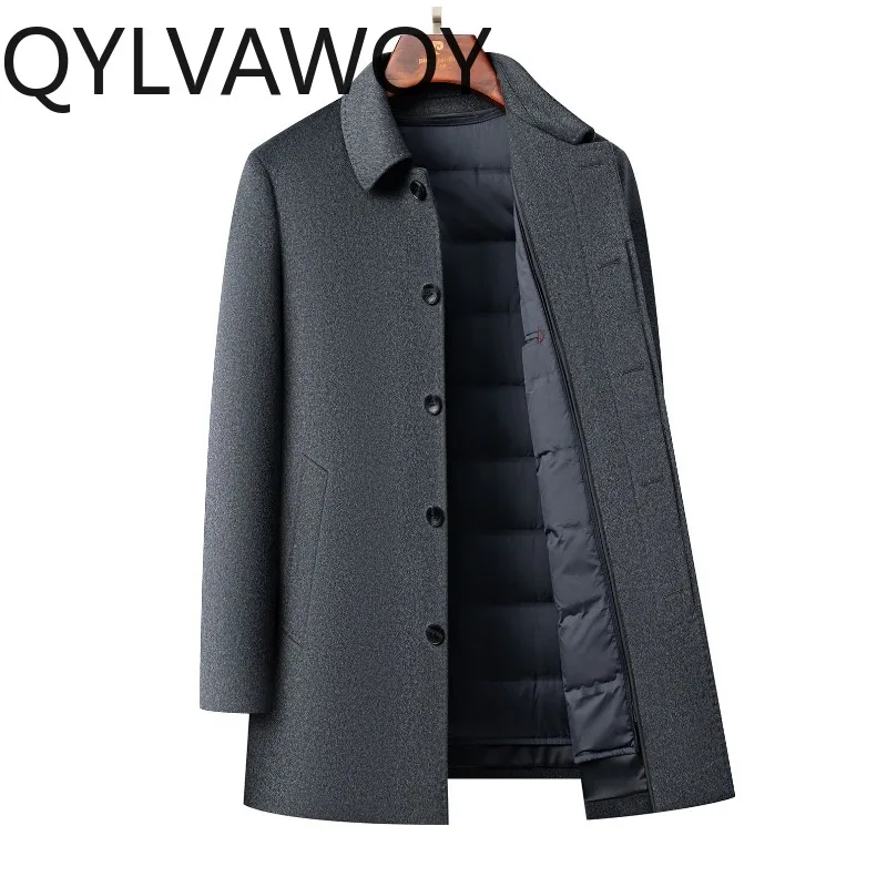 QYLVAWOY Men's Wool and Trench Coats Man Jacket Cashmere Mid-length Jackets Lapel Detachable Down Liner Man Clothes High-quality