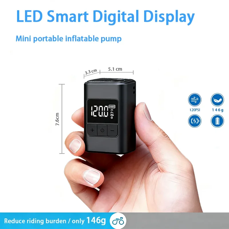 

Миниатюрный портативный беспроводной электрический насос 120PSI с быстрой зарядкой и LED-дисплеем, подходит для велосипедов, мотоциклов, спортивных мячей