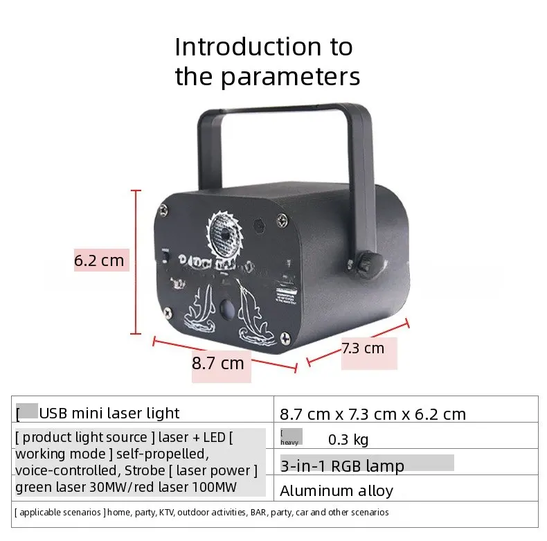 2 Hole Mini Laser Pattern Light USB Rechargeable Starry Sky Projector KTV Atmosphere Lamp with Sound Activated RGB Strobe for dj