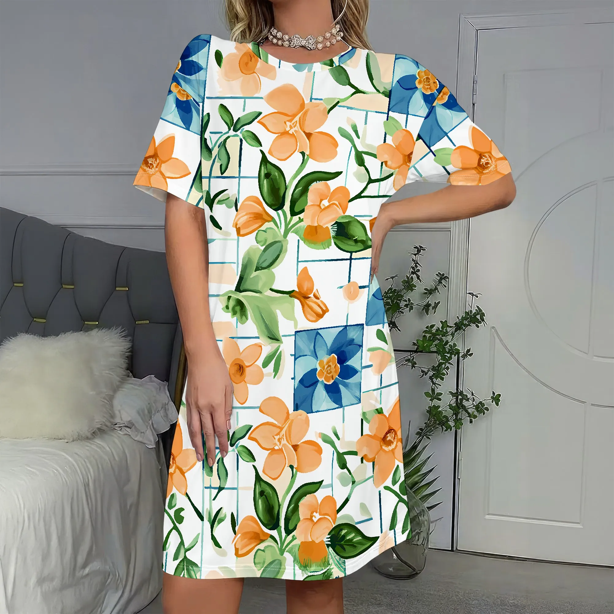 

Floral Print,Short Sleeve Dress,Orange Blossom Pattern,Tropical Style,Blue Grid Design,Casual Wear,S-2XL
