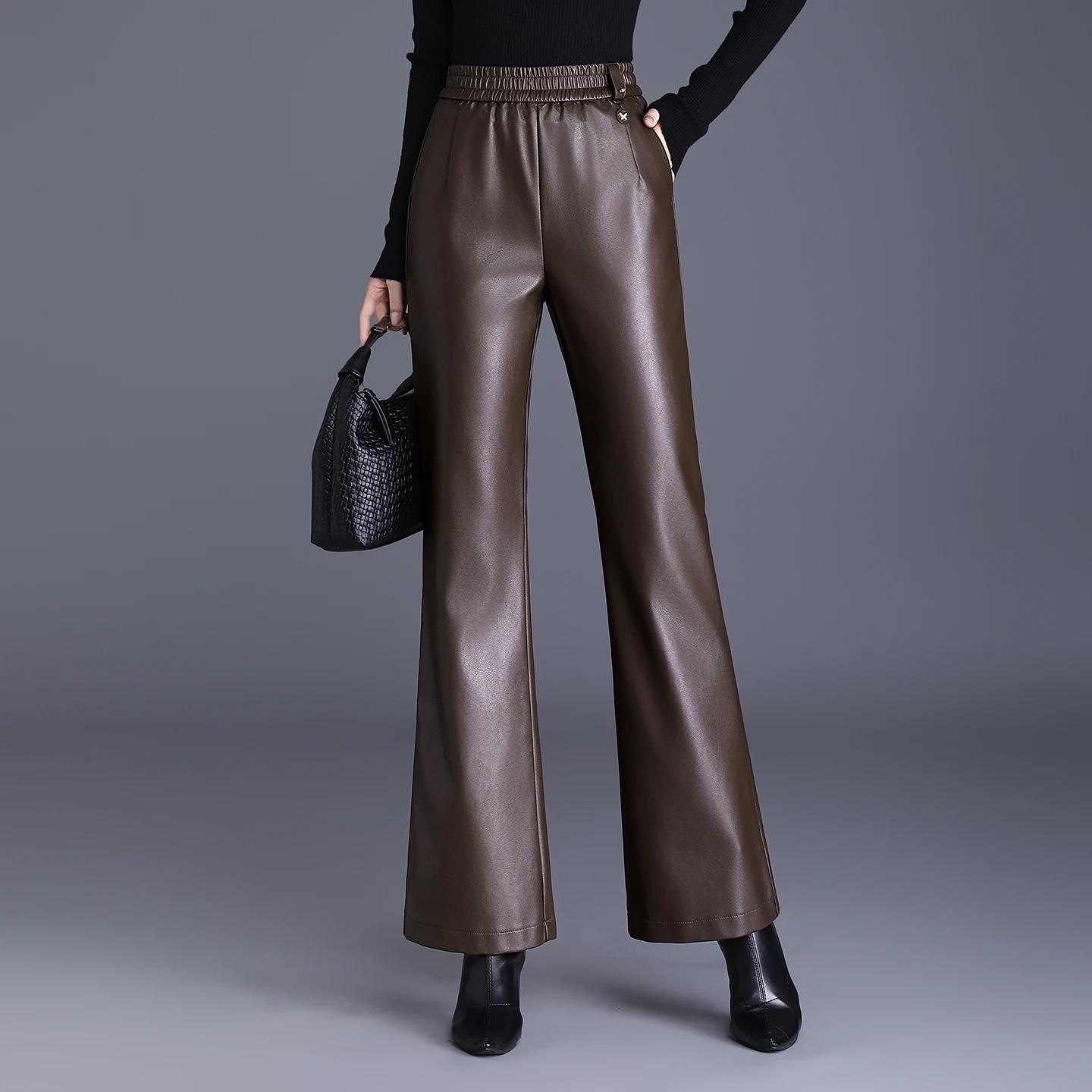 

Повседневные женские брюки из искусственной кожи, свободные, с эластичным поясом, осенне-зимние, новые, драпированные, стройнящие, микро-клеш