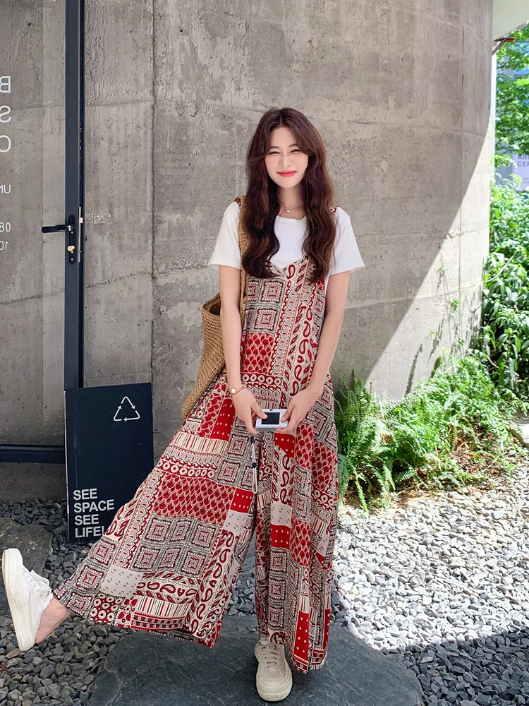 

Шифоновые брюки с красным принтом на тонких бретелях, длинные повседневные свободные широкие комбинезоны, женские летние повседневные прямые брюки с талией