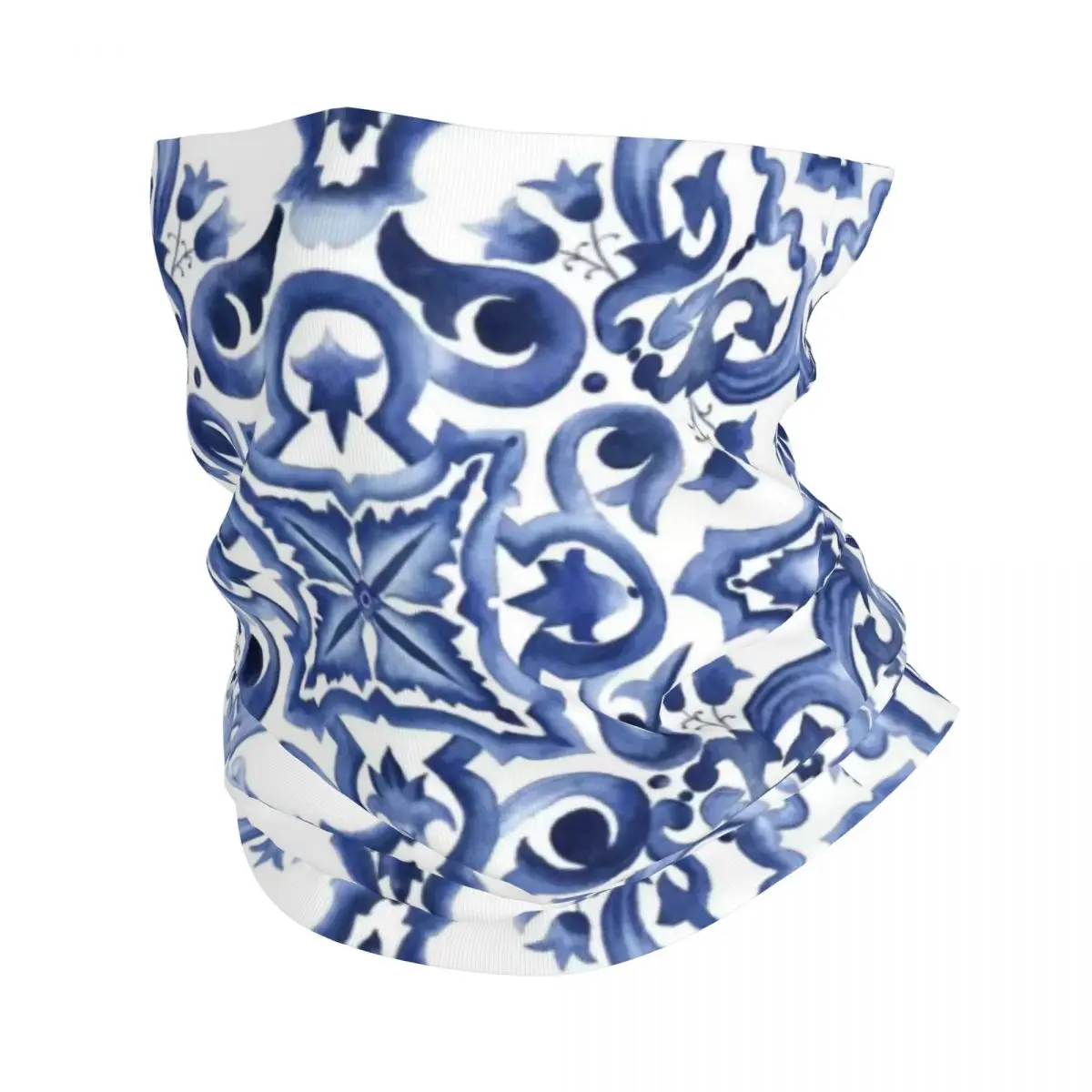 Blue Ornate Floral Mediterranean Sicilian Tile Bandana Neck Gaiter Printed Wrap Mask Scarf Headband Hiking Fishing Unisex Adult