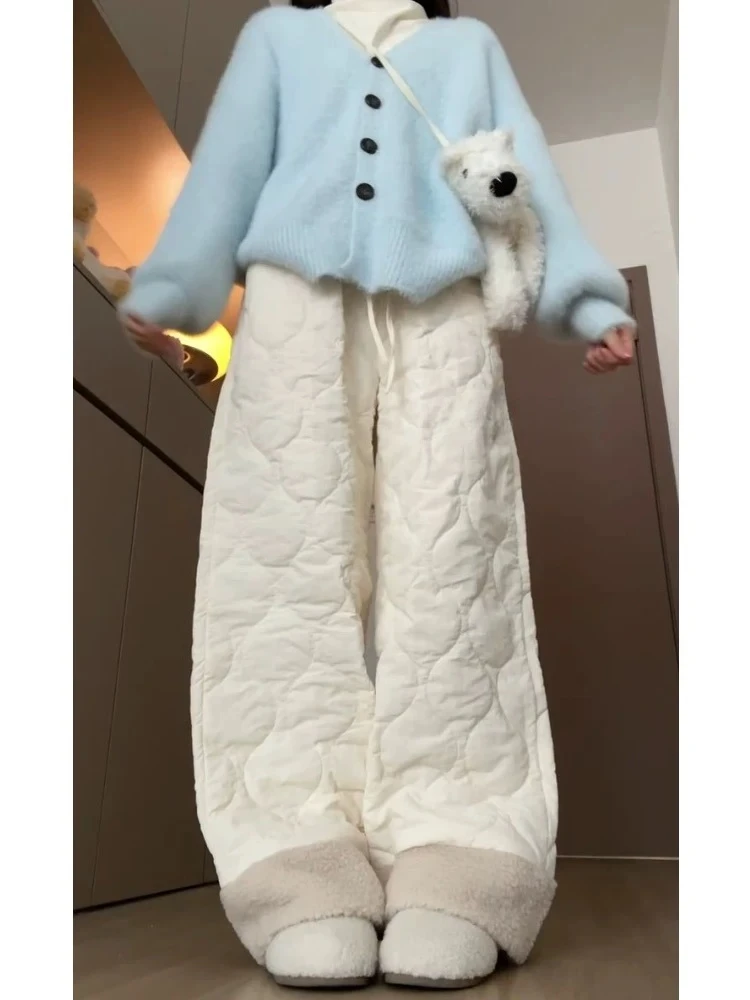 

HOUZHOU White Basic Women Padded Pants Pink Wide Leg High Waist Black Korean Fashion Trousers Baggy Casual All-match Winter