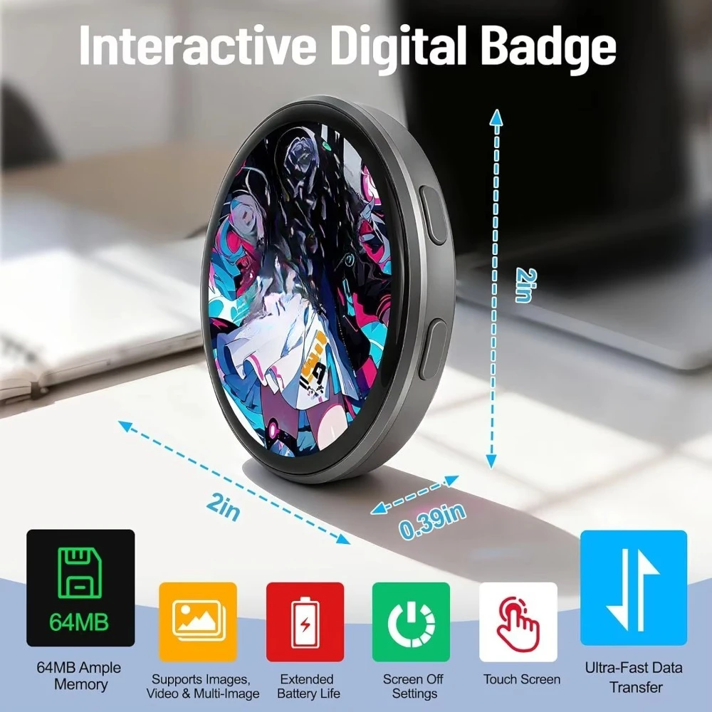 1.7 In Touch Screen Anime E-Badge Dynamic Electronic Badge Display Pin For Game Peripherals Excellent Fans Friends Birthday Gift