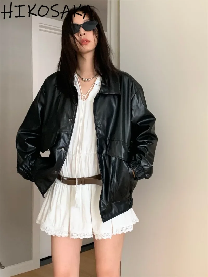 Classic Turn-down Collar Single Breasted PUjackets Loose Casual Street Fashion Leather Coats 2024 Autumn New Y2k Punk Outwear