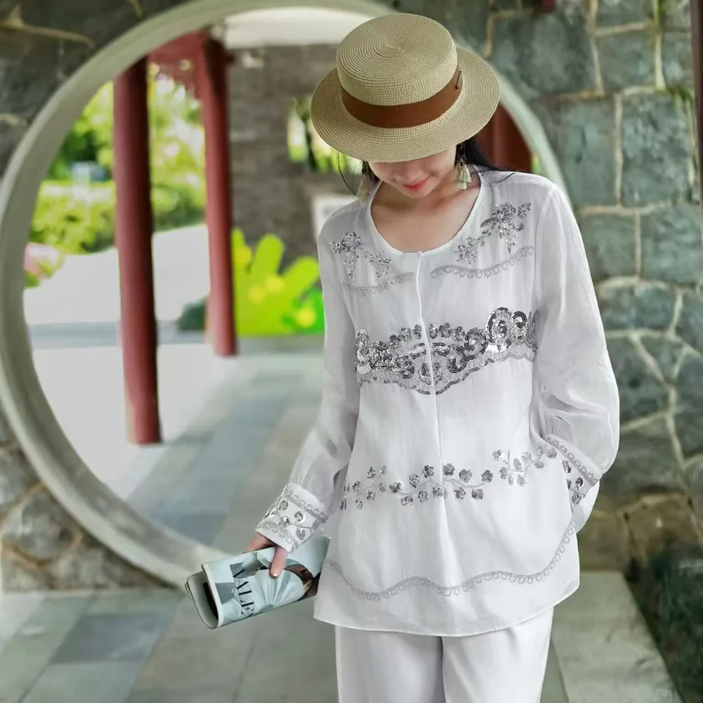 

High-end Spring Summer Embroidery Ramie Top New Chinese Style Top Women's Flowers Loose Sequins Blouse Shirt S-XXL