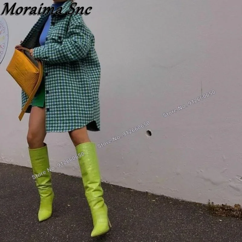 

Moraima Snc Green Knee High Stone Print Boots for Women Pointed Toe Alligator Print Boots Stilettos High Heels Runway Shoes