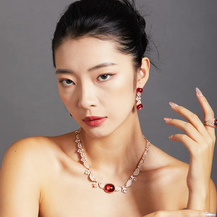 

Designer Collection Style Earrings Necklace Women Lady Inlay Cubic Zircon Synthetic Rubellite Pendant Rose Gold Color Chain