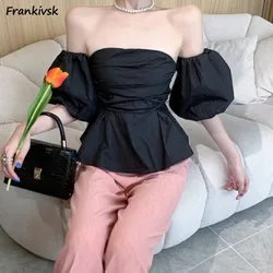Blouses Women Solid Off-shoulder Summer Puff Sleeve French Style Slash Neck Gentle Slim Casual All-match Streetwear Elegant New