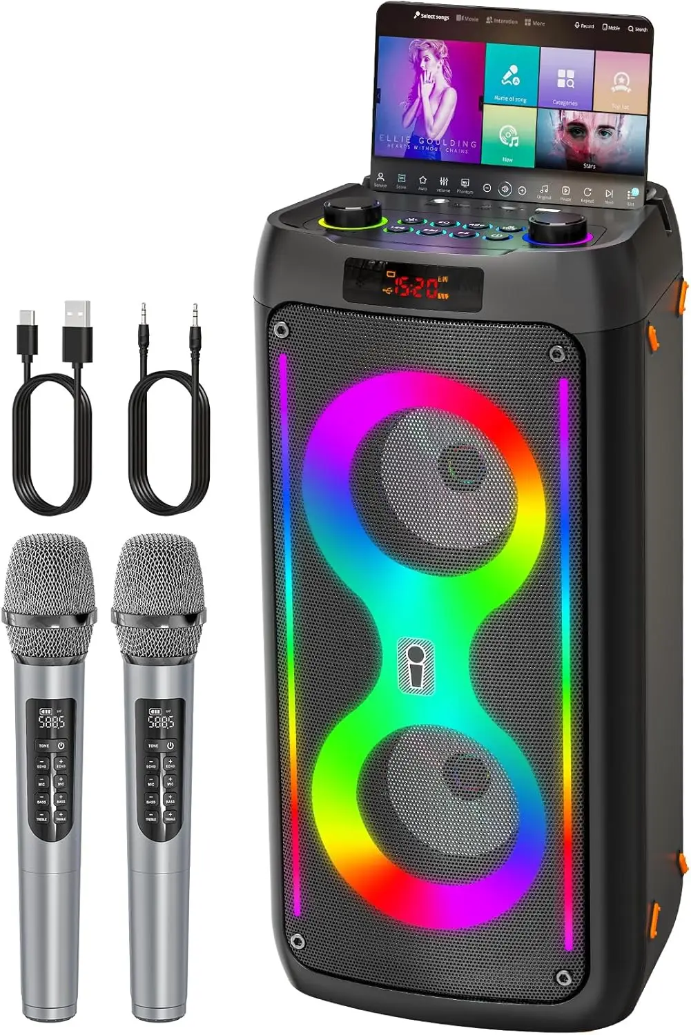

Portable Karaoke Speaker with Wireless Mics, LED Lights, USB/TF/AUX Input, 6000mAh Battery for Outdoor Parties and Gifts