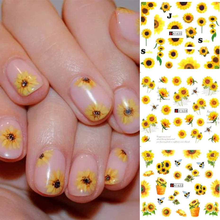 12Pcs Nail Stickers Zonnebloemen Kersenbloesems Vlinder Daisy Water Transfer Decal Blad Nail Design Manicure Decor SAA1633-1644