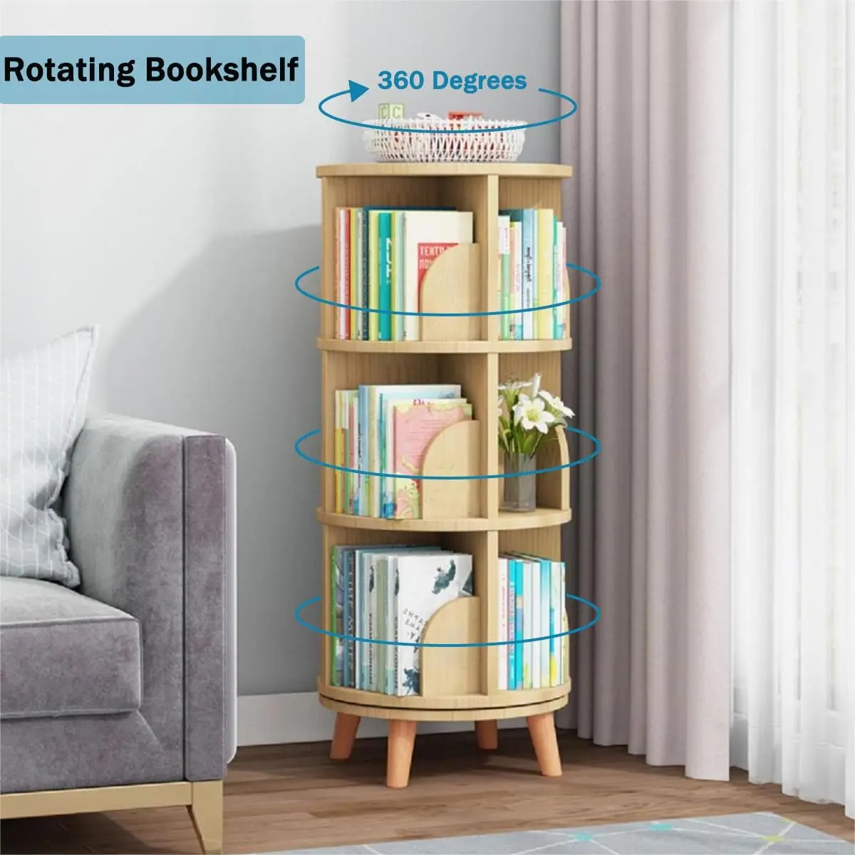 Tier Rotating Bookshelf with Legs, Revolving Bookcase Standing Kids Rotating Bookshelf Wood Bookcase Round Bookshelf 360 Display
