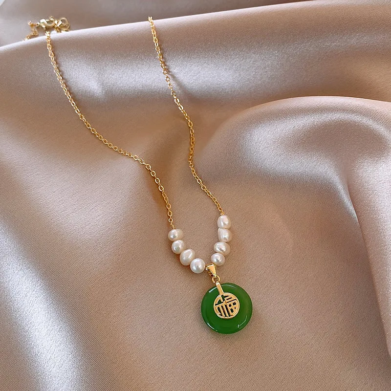 Original Glück Brief Natürliche Jade Stein & Süßwasser Perle 14K Gold Gefüllt Weibliche Schmuck Sets Für Frauen Halskette Armband – Detail 4