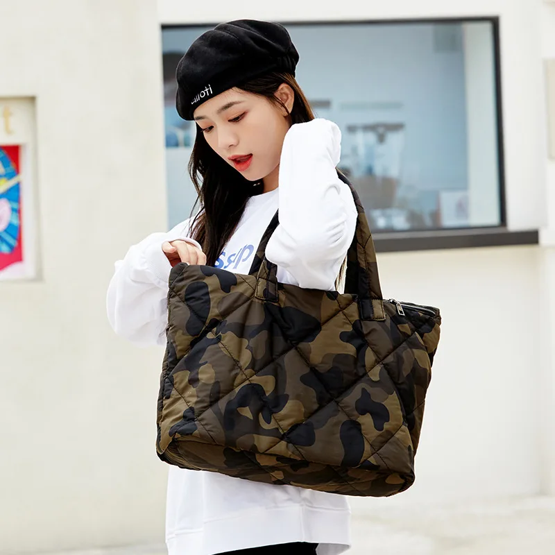 3 Bags/set Quilted Women Shoulder Bag Large Camouflage Padded Tote Canvas Crossbody Bags for Women 2023 Soft Shopper Purses New