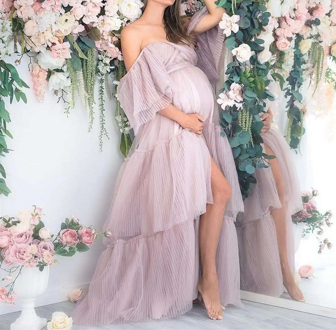 

Sexy Maternity Star Dresses Off Shoulder High Split Tulle Robes Customized Color For Photo Shoot Or Baby Shower Plus Size Gowns