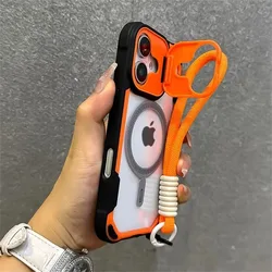 Armor Candy Color Clash For Magsafe Phone Case For iPhone 16 15 14 13 12 11 Pro Max Plus Stand With Wrist Strap Phone Back Cover
