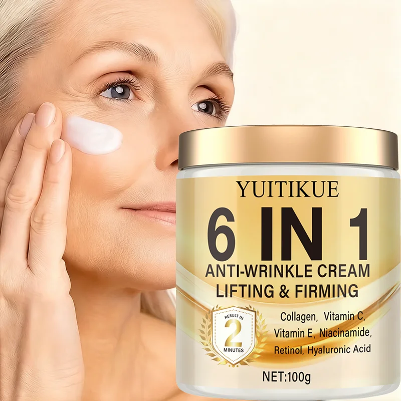 Crema Antiarrugas 6 en 1: hidrata profundamente, reafirma la piel, contiene Vitaminas C y E, retinol y ácido hialurónico.