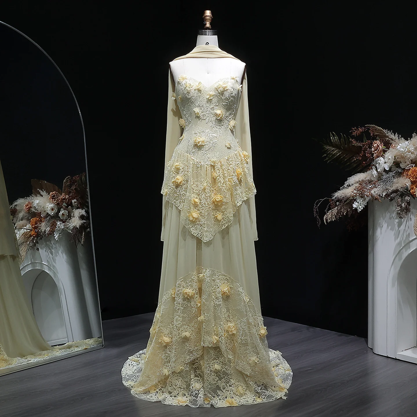 

Elegant Evening Dress Yellow Off Shoulder Princess Prom Dresses 3D Flowers Tiered Tulle Prom Party Gowns For Women Customized
