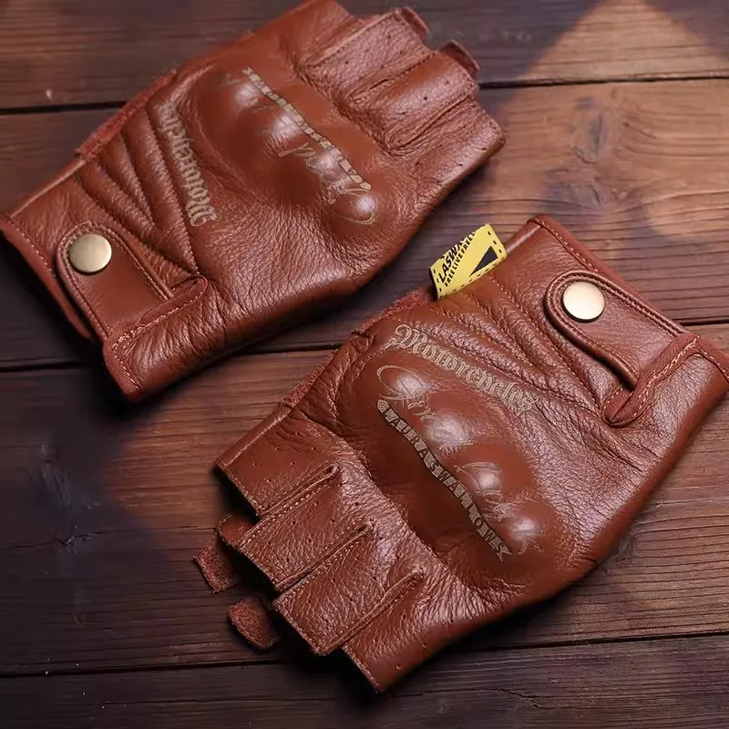 Men's 100% Natural Caw Leather Non-slip Half Finger Glove Male Fashion Genuine Leather Vintage Driving  Motorcycle Glove R1031