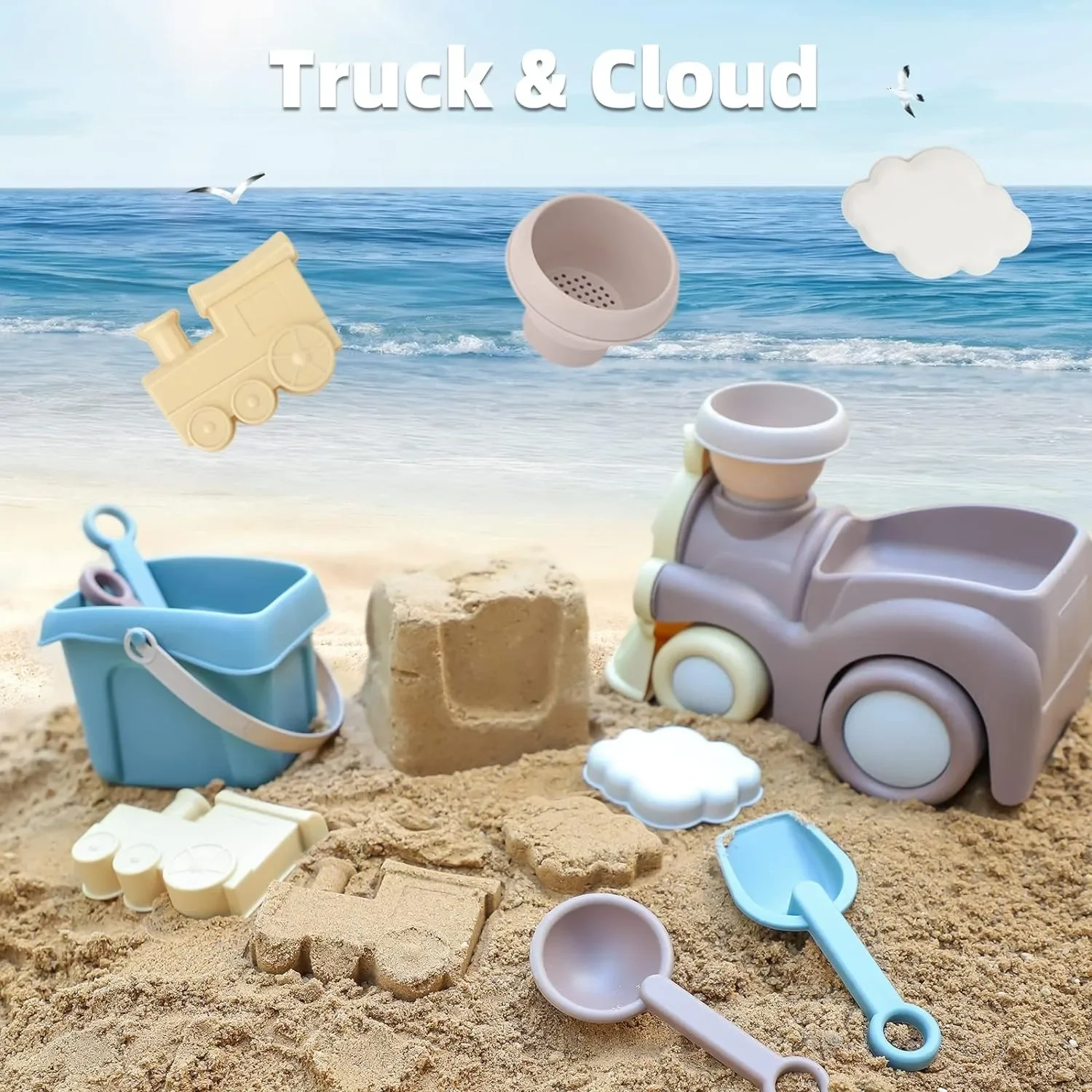 Jouets de plage pour enfants en bas âge, Train de sable, camion de plage, seau de plage, cuillère, passoire, râteau, château de sable, bac à sable