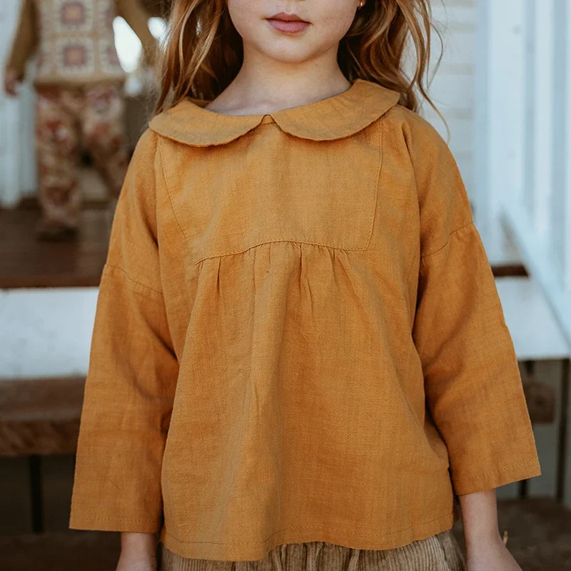 Chic Casual Linen Girls Autumn Shirt 2024 New Children\'s Cute Doll Collar Long-Sleeved Loose Retro Cotton And Linen Shirts